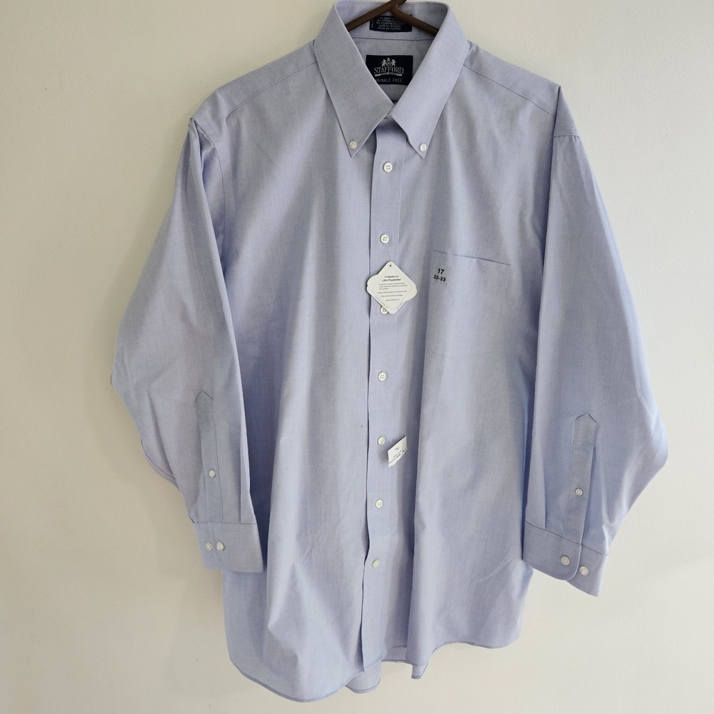 NWT Stafford Dress Shirt Men L XL 17 32 33 Blue Oxford Button Long Sleeve Formal - Picture 7 of 7